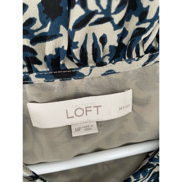 Loft Navy Blue and Stone Floral Short Sleeve Dress with Tie and Ruffels Sz MP - Picture 9 of 9